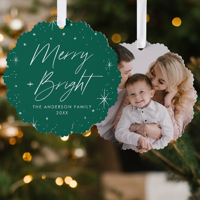 Modern Merry and Bright Green Holiday Photo Tree Decoration Card (Creator Uploaded)