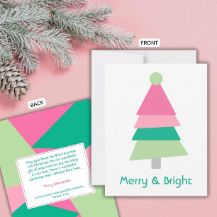 Modern Merry and Bright Minimalist Pink Green Tree Holiday Card