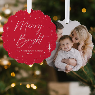 Modern Merry and Bright Red Holiday Photo Tree Decoration Card