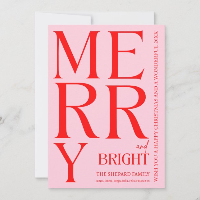 Modern Merry and Bright Red Pink 2025 Christmas Holiday Card (Front)