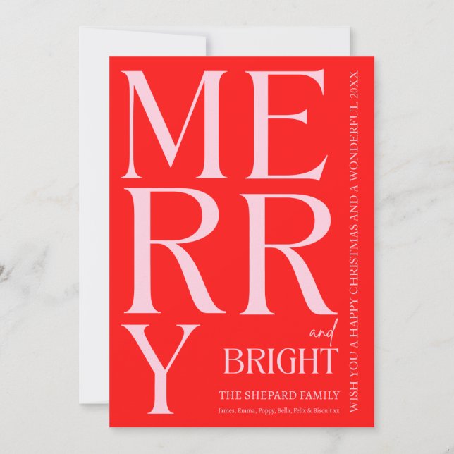 Modern Merry and Bright Red Pink 2025 Christmas  Holiday Card (Front)