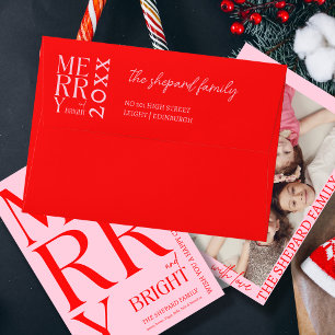 Modern Merry and Bright Red Pink Christmas  Envelope