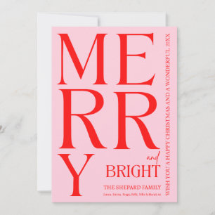 Modern Merry and Bright Red Pink Christmas  Holiday Card