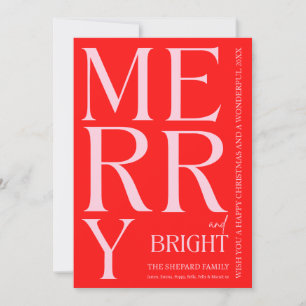 Modern Merry and Bright Red Pink Christmas  Holiday Card