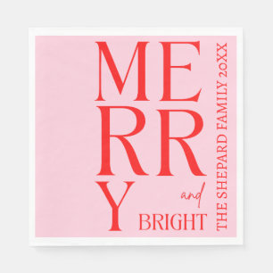 Modern Merry and Bright Red Pink Christmas  Napkin