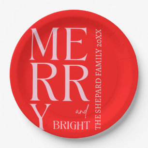 Modern Merry and Bright Red Pink Christmas  Paper Paper Plate