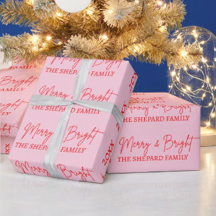 Modern Merry and Bright Red Pink Christmas  Wrapping Paper