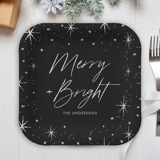 Modern Merry and Bright Script Black Holiday Paper Plate (Creator Uploaded)