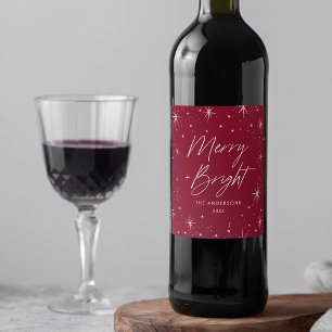 Modern Merry and Bright Script Burgundy Holiday Wine Label