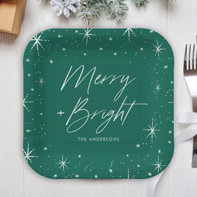 Modern Merry and Bright Script Green Holiday Paper Plate (Creator Uploaded)