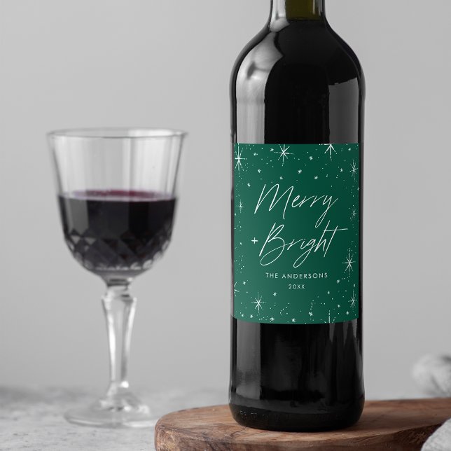 Modern Merry and Bright Script Green Holiday Wine Label (Creator Uploaded)