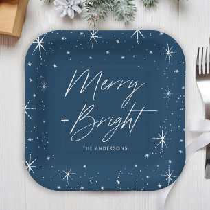 Modern Merry and Bright Script Navy Holiday Paper Plate