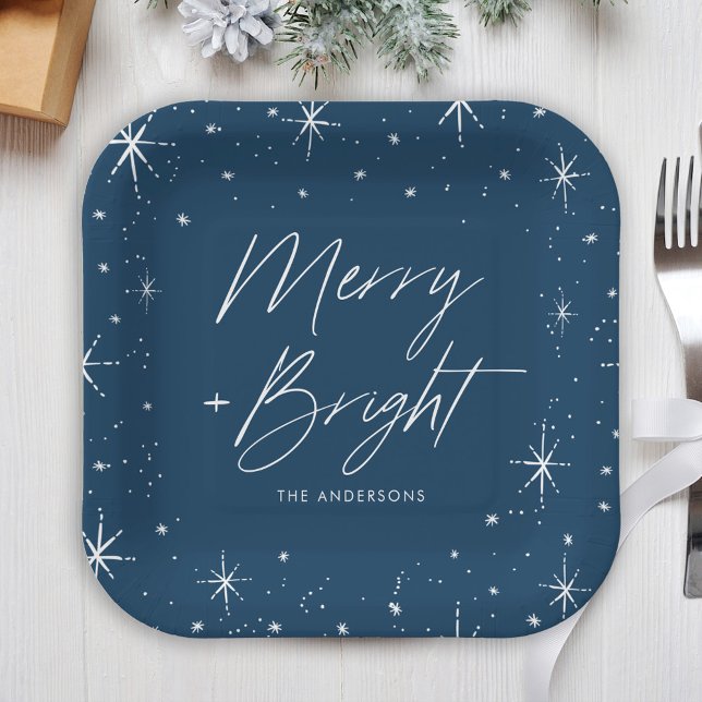 Modern Merry and Bright Script Navy Holiday Paper Plate (Creator Uploaded)