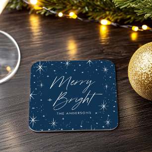 Modern Merry and Bright Script Navy Holiday Square Paper Coaster