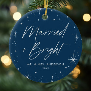 Modern Merry and Bright Script Navy Photo Ceramic Tree Decoration