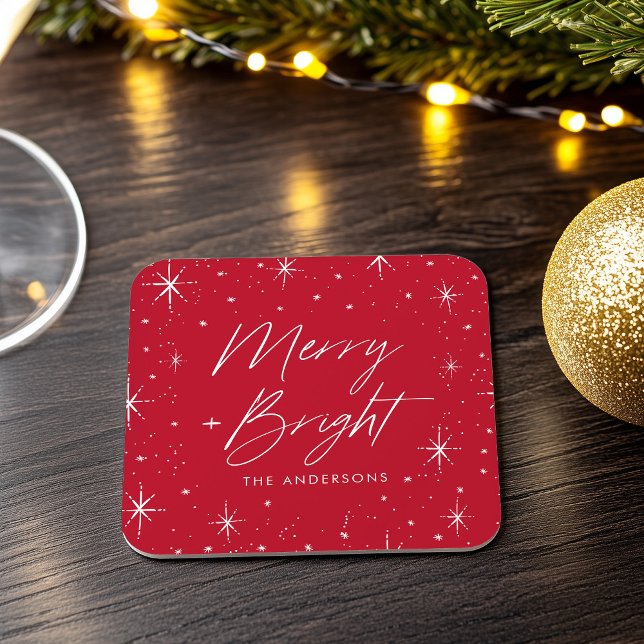 Modern Merry and Bright Script Red Holiday Square Paper Coaster (Creator Uploaded)