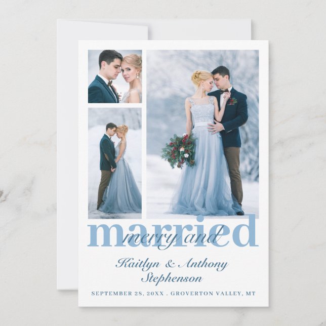 Modern Merry and Married 3 Photo Wedding Holiday Card (Front)