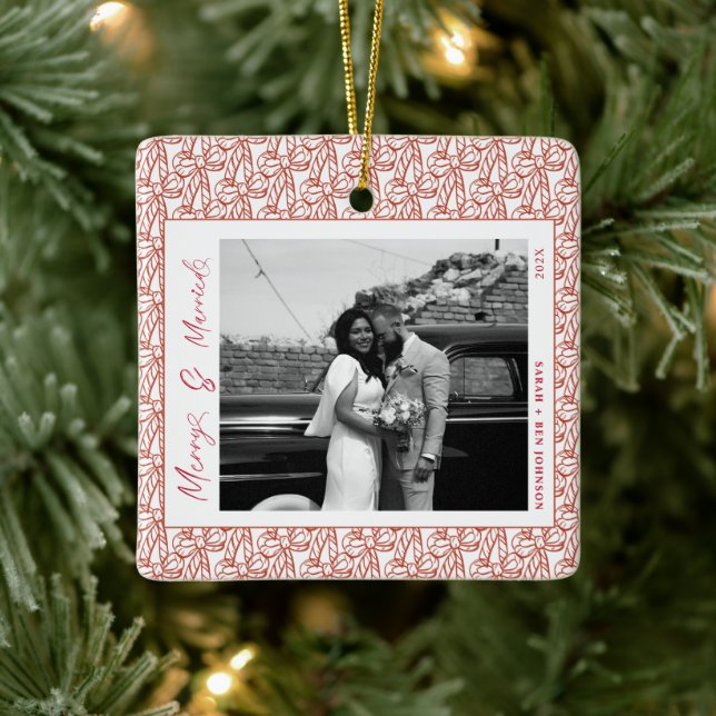 Modern Merry and Married Newlywed Bow Christmas Ceramic Ornament (Tree)