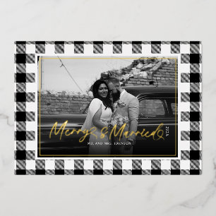 Modern Merry and Married Newlywed Plaid Christmas Foil Holiday Card