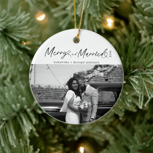Modern Merry and Married Newlywed Script Christmas Ceramic Tree Decoration (Tree)