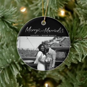 Modern Merry and Married Newlywed Script Christmas Ceramic Tree Decoration
