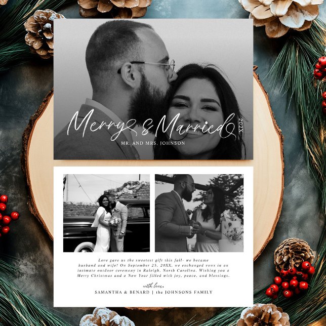 Modern Merry and Married Newlywed Script Christmas Holiday Card (Creator Uploaded)