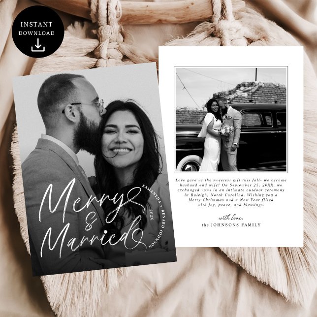 Modern Merry and Married Newlywed Script Christmas Holiday Card (Creator Uploaded)