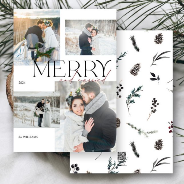 Modern Merry and Married Newlyweds 4 Photo Holiday Card (Merry & married! Celebrate your first holiday as newlyweds with this elegant photo card.)
