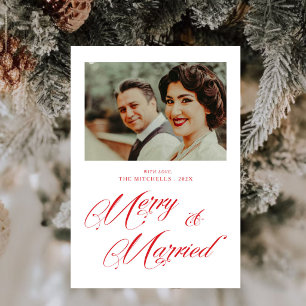 Modern Merry and Married Newlyweds Photo Christmas Holiday Card