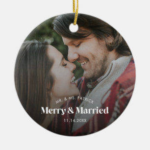 Modern Merry and Married Photo Holiday  Ceramic Tree Decoration