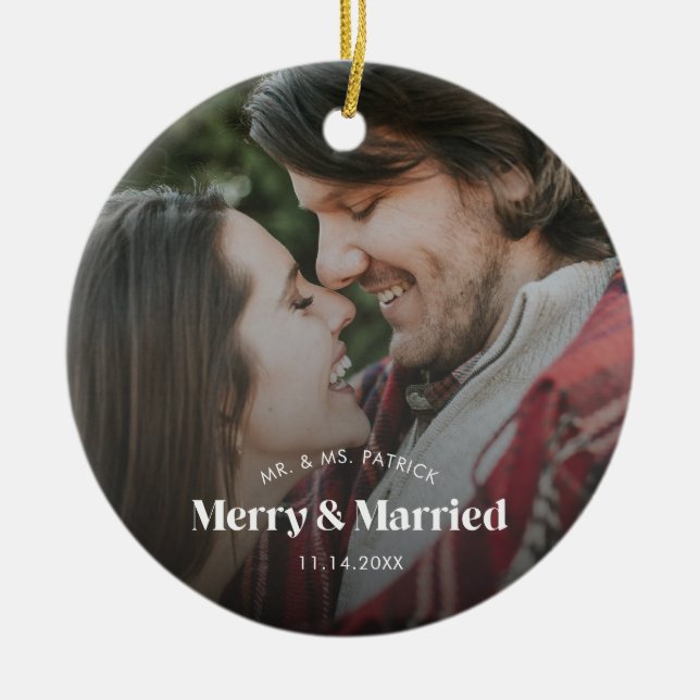 Modern Merry and Married Photo Holiday  Ceramic Tree Decoration (Front)