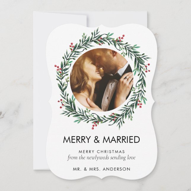 Modern Merry and Married Photo Newlywed Christmas Holiday Card (Front)