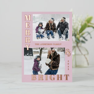 Modern Merry & Bright 2 Photo Pink Elegant Foil Holiday Card