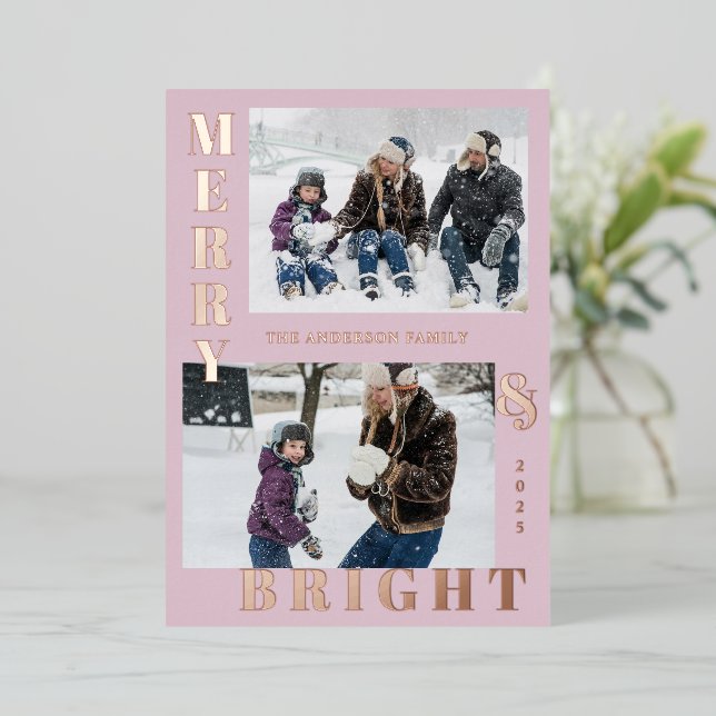 Modern Merry & Bright 2 Photo Pink Elegant Foil Holiday Card (Standing Front)