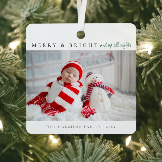 Modern Merry & Bright Birth Stats Photos Metal Tree Decoration (Insitu)