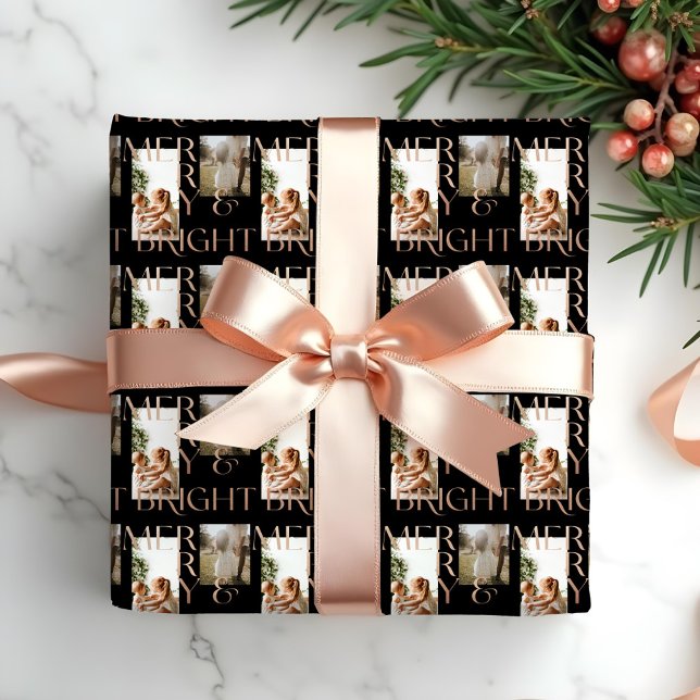Modern Merry Bright Bold Typography 2 Photo Black Wrapping Paper (Modern Merry Bright Bold Typography 2 Photo Black Wrapping Paper)