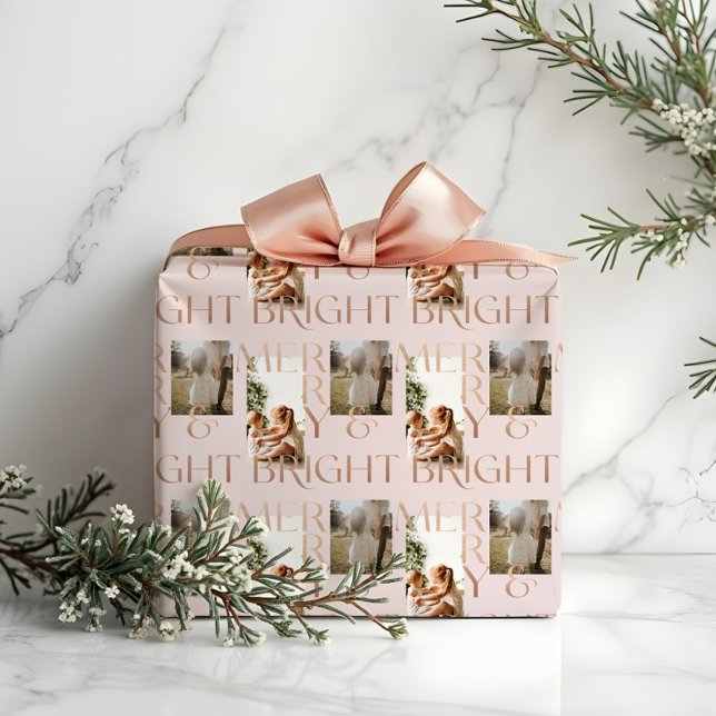 Modern Merry Bright Bold Typography 2 Photo Pink Wrapping Paper (Modern Merry Bright Bold Typography 2 Photo Pink Wrapping Paper)