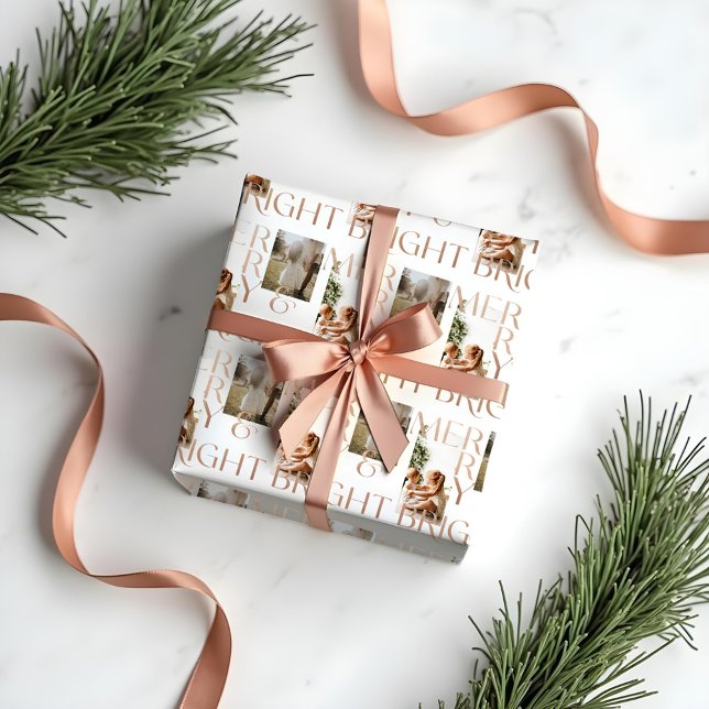 Modern Merry Bright Bold Typography 2 Photo White  Wrapping Paper (Modern Merry Bright Bold Typography 2 Photo White Wrapping Paper)
