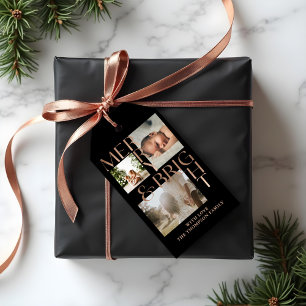 Modern Merry Bright Bold Typography 3 Photo Black Gift Tags
