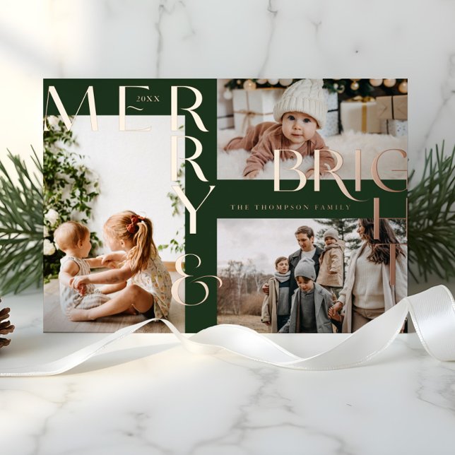 Modern Merry Bright Bold Typography 3 Photo Green Foil Holiday Card (Modern Merry Bright Bold Typography 3 Photo Green Foil Holiday Card)