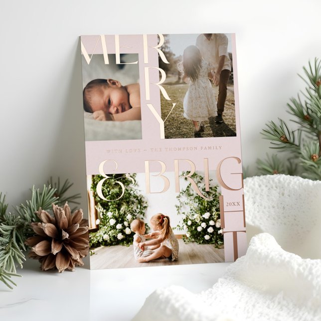 Modern Merry & Bright Bold Typography 3 Photo Pink Foil Holiday Card (Modern Merry & Bright Bold Typography 3 Photo Pink Foil Holiday Card)