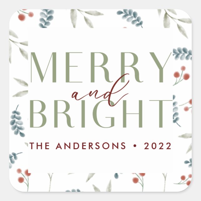 Modern Merry Bright Christmas Botanical Family Square Sticker (Front)