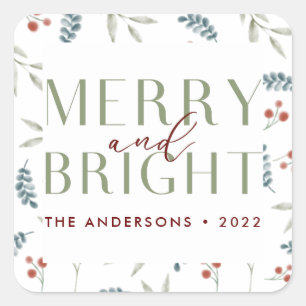 Modern Merry Bright Christmas Botanical Family Square Sticker