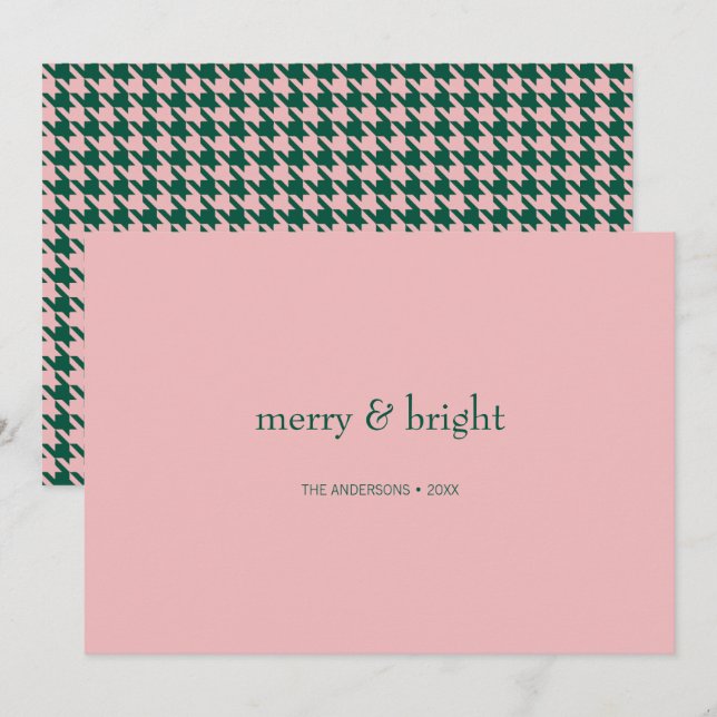 Modern Merry & Bright Christmas Green & Pink  Holiday Card (Front/Back)
