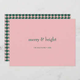 Modern Merry & Bright Christmas Green & Pink Holiday Card
