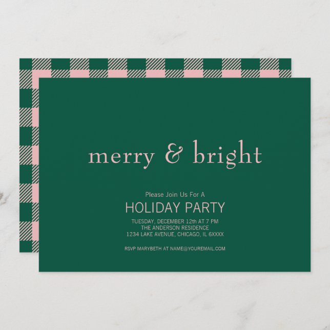 Modern Merry & Bright Christmas Green & Pink  Invitation (Front/Back)