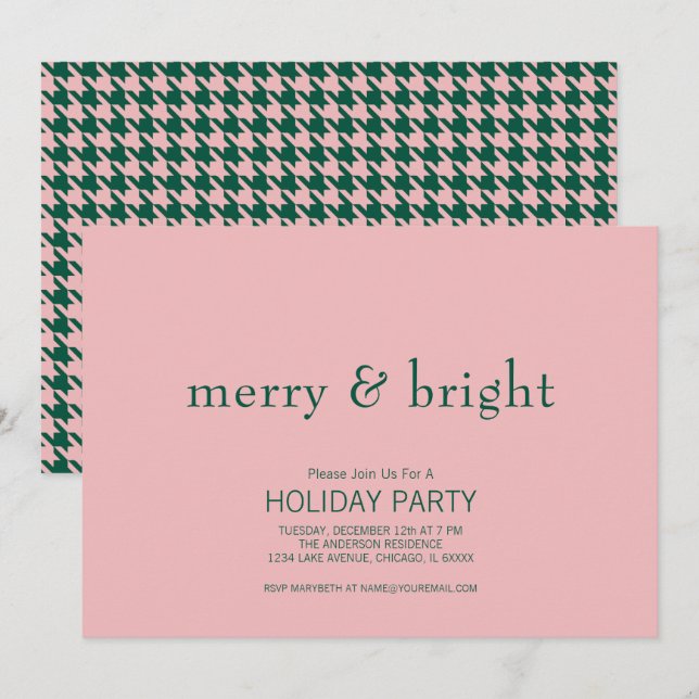 Modern Merry & Bright Christmas Green & Pink  Invitation (Front/Back)