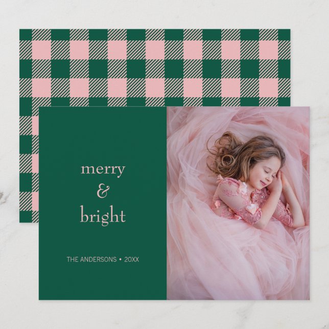 Modern Merry & Bright Christmas Green & Pink Photo Holiday Card (Front/Back)