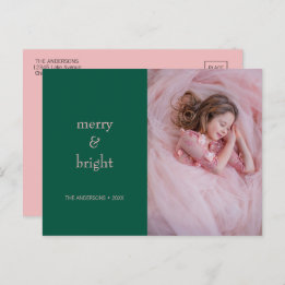 Modern Merry & Bright Christmas Green & Pink Photo Holiday Postcard