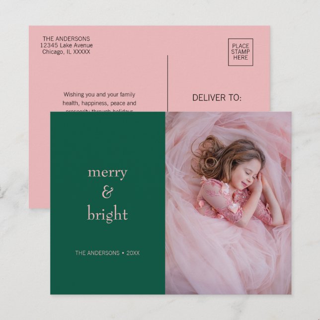 Modern Merry & Bright Christmas Green & Pink Photo Holiday Postcard (Front/Back)